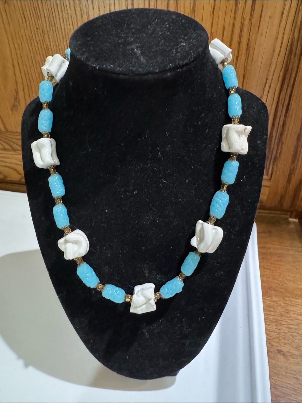 Vintage Blue Glass & White Ceramic Beaded Statement Necklace